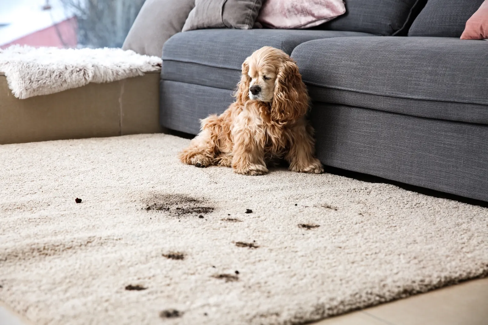 Cocker spaniel beside muddy paw prints on a beige carpet