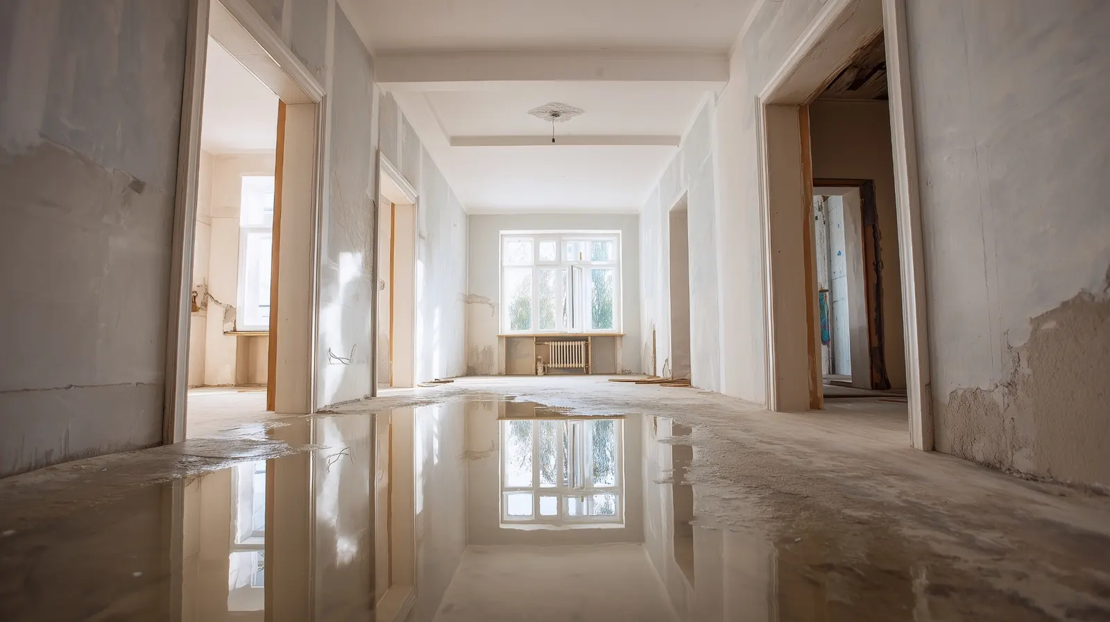 Water damage in a flooded home hallway