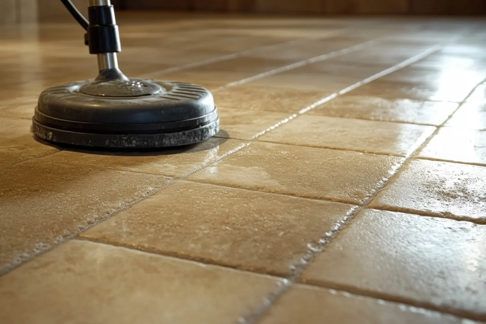 Professional tile and grout cleaning machine restoring dirty kitchen floor